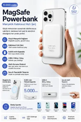 thekam 5.000 mAh MagSafe Kablosuz Powerbank Manyetik Hızlı Şarj Cihazı iPhone 12/13/14/15/16 Serisi Uyumlu