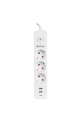 S-LINK 1.5mt Akım Korumalı 3 Lü Grup Priz 100% Bakır 750 Joule 2 Usb +1 Type C Girişli