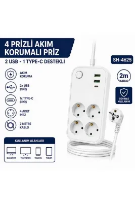 AŞIK STORE SH-4629 4’lü Topraklı Akım Korumalı Priz 2 USB 1 Type-C Şarj Çıkışlı 2 Metre Kablolu Anahtarlı Çoklu Grup Priz Uzatma Kablosu