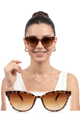 QnQ Cat Eye Leopar Degrade Kahverengi Cam Güneş Gözlüğü Kadın Trend Model Güncel