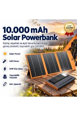 hızlı store 10,000mAh Solar Güneş Enerjili 3 Panelli 1 Type-C - 2 USB Çıkışlı 20W Hızlı Şarjlı Powerbank