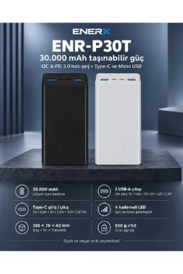 ENERX ENR-P30T 30.000 mAh 22.5Watt Hızlı Şarj Powerbank – Beyaz