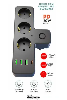 MCA Deerhome Yeni Nesil Çocuk Korumalı Termal Korumalı 3’lü Priz – PD 20W Type-C + 3 USB
