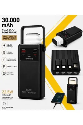 kawigo 30000mAh Powerbank Dahili Kablolu 22.5W Hızlı Şarj Taşınabilir Kamp Lambalı Powerbank LED Fener Type-C PD Power Bank Tüm Modellerle Uyumlu Powerbank