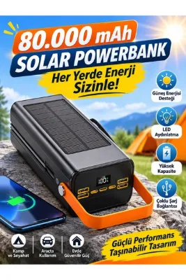 asua Solar 80.000 Mah Güneş Enerjili Led Işıklı Powerbank Şarj Aleti 4xUsb Çıkış Çoklu Şarj Çıkışı Kablo
