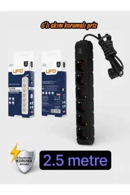 UFO Akım Korumalı 2.5 mt Kablolu Grup Priz Max 3500W 16 Amper Aşırı Yük Koruması 6lı Çoklu Priz Siyah