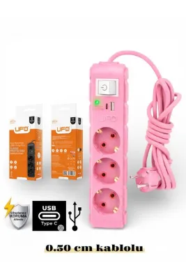 UFO Akım korumalı grup priz 0.50 cm kablolu anahtarlı pembe 3 lü ve USB+type-c şarj aleti 3000 watt
