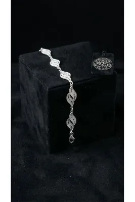 Roza Silver 925 Ayar Geleneksel Telkari El İşi Yaprak Motifli Sıralı Gümüş Bileklik