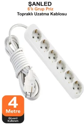 ŞANLED Grup Priz Topraklı 6'lı Çoklu Priz Seyyar Ara Uzatma Kablosu TTR 2x2,5 mm kablo 4 metre