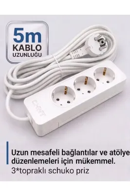 chint 3'lü Topraklı Grup Priz Uzatma Kablosu Beyaz 5 Metre