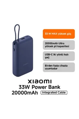 Xiaomi Power Bank USB ve USB-C Portu ve USB-C Entegre Kablo 20000mAh 33W BHR8975GL - Mavi