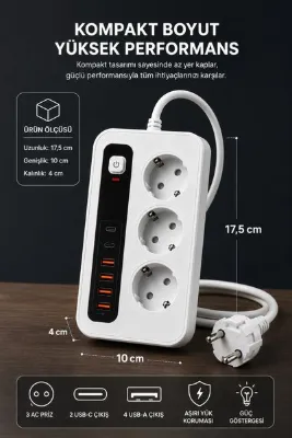 MEGAMUS 3’lü Akım Korumalı Priz – 2 USB-C + 4 USB-A | 2 Metre Kablolu