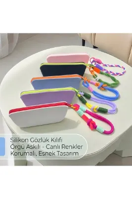 Renkli Örgü Bileklik Askılı Silikon Gözlük Kılıfı Fermuarlı Su Geçirmez Güneş Gözlüğü Koruma Kabı