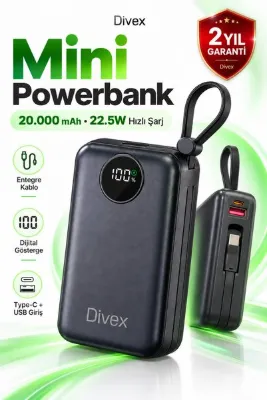 Divex 20.000 mAh 22.5W Hızlı Şarj Mini Powerbank Entegre Type-C ve Lightning Kablolu Dijital Göstergeli