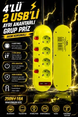 Ecuy 4'lü Grup Priz 2 USB'li 1.5 Metre Ayrı Anahtarlı Akım Korumalı Uzatma Kablosu 16A 250V Ev Ofis Tipi