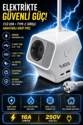 Ecuy 3'lü Grup Priz 2 USB Type-C Girişli Ayrı Anahtarlı 1.5 Metre Uzatma Kablosu 16A 3680W Ev Ofis Duvar Monteli