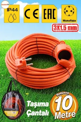 Badem10 Cca Uzatma Kablosu 3x1.5 Mm 10 Metre Kablolu Tekli Grup Fiş Priz Topraklı Kapaklı Monofaze Ev Tipi