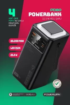 POWERWAY 80.000 mAh PD 22.5W Hızlı Şarj Dahili Kablolu Kamp Taşınabilir Güç Kaynağı Siyah PD80 Powerbank