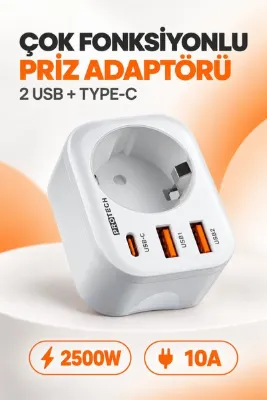 Seyoni Priz Çoğaltıcı Adaptör 1 Priz 2 USB 1 Type-C Girişli 2500W 10A Akıllı Çipli Şarj Adaptörü