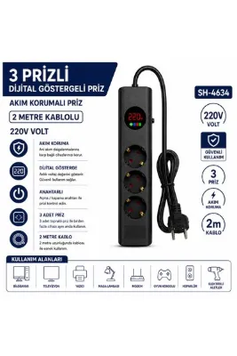AŞIK STORE SH-4634 3’lü Akım Korumalı Priz Dijital Voltaj Göstergeli 2500W 2 Metre Kablolu Anahtarlı Topraklı Çoklu Grup Priz