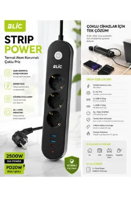 Blic FTR-01 2500W Termal Akım Korumalı 3’lü Priz 2 USB + Type-C PD 20W Hızlı Şarj 2 Metre Kablolu