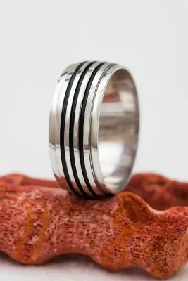 Silver Self Güüş Alyans Siyah Çizgili