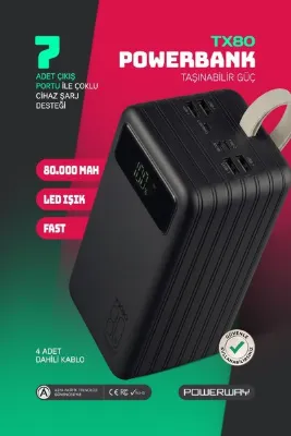POWERWAY 80.000 Mah Kablolu Dijital Göstergeli Gerçek 80.000 Mah Garantili Işıklı Kamp TX80 Siyah Powerbank