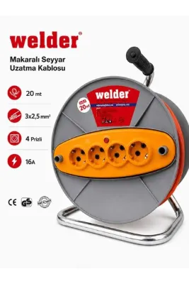welder kablo 20 Metre Makaralı Seyyar Uzatma Kablosu 3x2,5 mm² 4 Prizli 16A