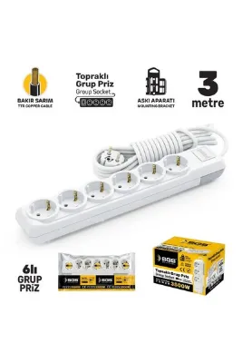 SGS SGS3492 Grup Priz Topraklı Altılı 3 Metre, Uzatma Kablosu, Üçyol