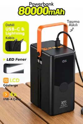7GO GPW-14 80000 mAh 22.5W Hızlı Şarj Powerbank – Dahili Type-C ve Lightning Kablolu, LED Fenerli, D