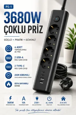 Merwish Akım Korumalı Çoklu Priz 3680W 16A 230V – 4 Topraklamalı AC Priz, 2 USB-A, 2 Type-C, Isıya Dayanıklı Gövde