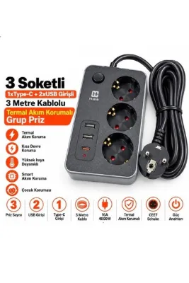 ZEYar Teknoloji Hi-Link Termal Akım Korumalı Uzatma Kablosu 3 Priz 2 USB 1 Type-C 3 Metre 16A 4000W