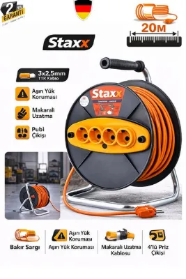 STAXX POWER Şantiye ve Atölye Tipi Metal Ayaklı Makaralı Uzatma Kablosu 20M 3x2.5 mm Seyyar Uzatma