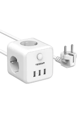TESSAN 6'sı 1 Arada Küp Priz Uzatma Kablosu (1.5m) – 3 AC Priz + 3 USB Portlu, Açma/Kapama Düğmeli, Masa Altı Yapışkan Pedli, Taşınabilir Masaüstü Grup Priz (Beyaz)