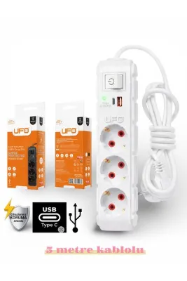 UFO Akım korumalı grup priz 5 mt kablolu anahtarlı Beyaz 3 lü ve USB+type-c şarj aleti 3000 watt