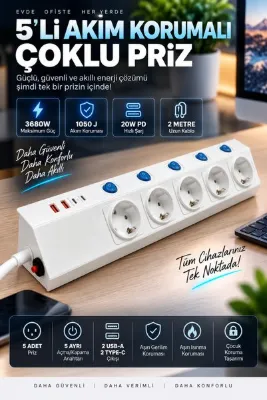 MATECHNO 5'Li Grup Priz Her Prize Ayrı Şalter 2 USB 2 Type-C PD Hızlı Şarj 3680W 1050 Joule Korumalı 2 Metre