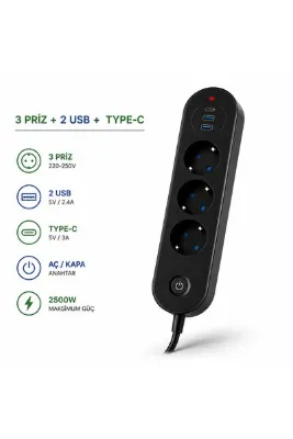 GudeX Termal Akım Korumalı 3lü Priz 2USB 1USBC 2mt Kablo Aç Kapa Anahtar 2500 Watt