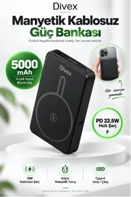 Divex 5000 mAh Manyetik Powerbank 15W Kablosuz Şarj 22.5W Hızlı Şarj