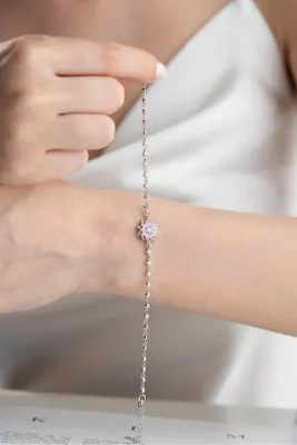 SAKLI TAKI 925 Ayar Gümüş Pembe Taşlı Lotus Çiçeği Suyolu Bileklik