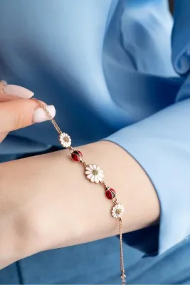 Nereze 925 Ayar Gümüş Uğur Böceği 3'lü Papatya Bileklik