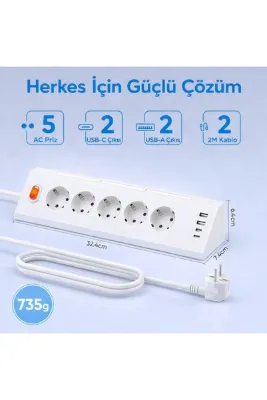 SMAYLİNG 5’li Akım Korumalı Köşe Çoklu Priz 2 USB-A 2 USB-C Gece Işıklı Dokunmatik 2 Metre Kablolu 3680W
