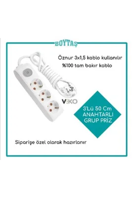 VİKO 50 Cm / YARIM METRE Anahtarlı 3 Lü Uzatma Kablosu / Viko Grup Priz / Öznur 3*1.5 Kablo Kullanılır