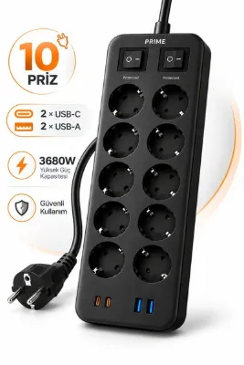 RAYLAX 10’lu Akım Korumalı Grup Priz – 3680W, 2× USB-C + 2× USB-A, 1050J, 2 Metre Kablo