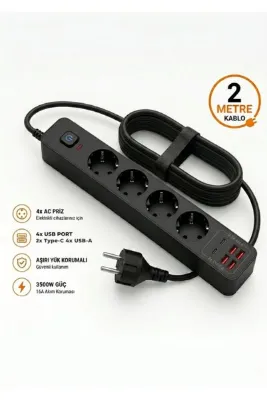 DORNEX ELEKTRONİK Type-C PD Destekli 4’lü Priz Çoklayıcı USB Hızlı Şarjlı 3500W Güç