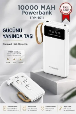 Torima Powerbank Dijital Göstergeli Kablolu 4 Çıkışlı 10.000 Mah Taşınabilir Şarj Aleti TRM1011 Beyaz