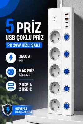 RAYLAX 5'li Akım Korumalı Priz 3680W 16A PD 20W Hızlı Şarjlı 2 USB-A 2 USB-C Anahtarlı Çoklu Uzatma Prizi