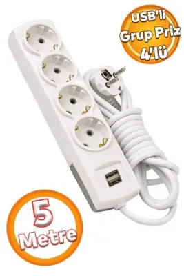 Badem10 Usb'li 4'lü Grup Priz - (5 METRE) Kablolu Topraklı Fiş Çoğaltıcı Çoklu Asmalı Uzatma Kablosu Pirizi