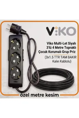 VİKO Multi-Let Siyah 3'lü 4 Metre Topraklı Çocuk Korumalı Grup Priz (3x1.5 TTR Tam Bakır)