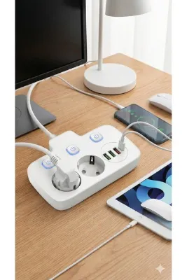 Leyaton 2500W Akım Korumalı Priz 2 Metre 2 li AC 3 USB 1 Type-C PD Hızlı Şarjlı Bağımsız Düğmeli