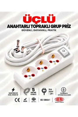 ANAHTARLI GRUP PRİZ,ÜÇLÜ PRİZ,ÜÇLÜ FİŞ,PRİZ,KABLOLU PRİZ,GRUP PRİZ